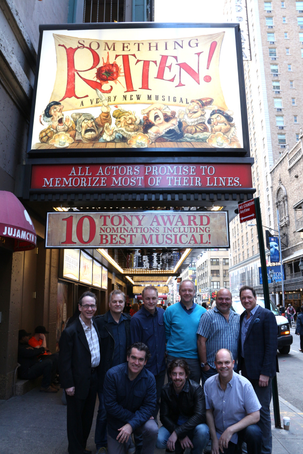 The Something Rotten! Tony nominees celebrate their new signage at the St. James Theatre.