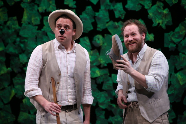 Zachary Fine as Crab the dog and Andy Grotelueschen as Launce in Fiasco Theater&#39;s production of William Shakespeare&#39;s comedy &#39;&#39;The Two Gentlemen of Verona, directed by Jessie Austrian and Ben Steinfeld, at the Polonsky Shakespeare Center.