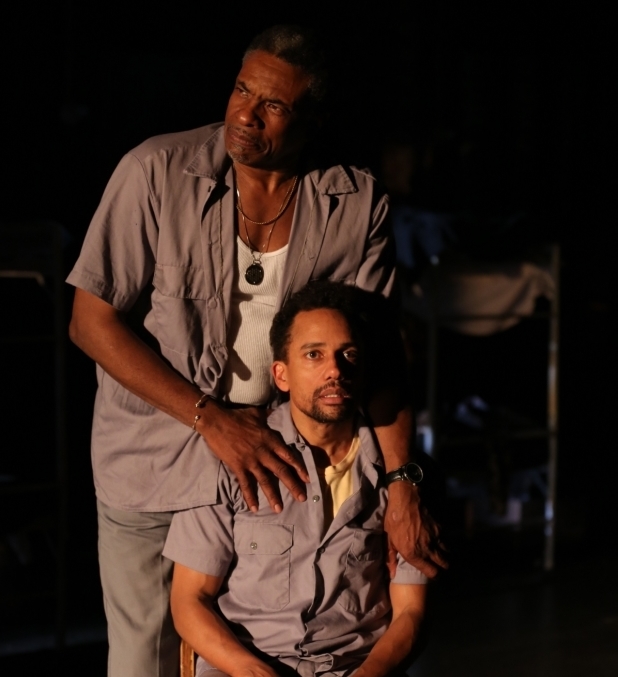 Keith David and F. Hill Harper in ToasT, a Public Lab production written by Lemon Andersen and directed by Elise Thoron, running at The Public Theater. 