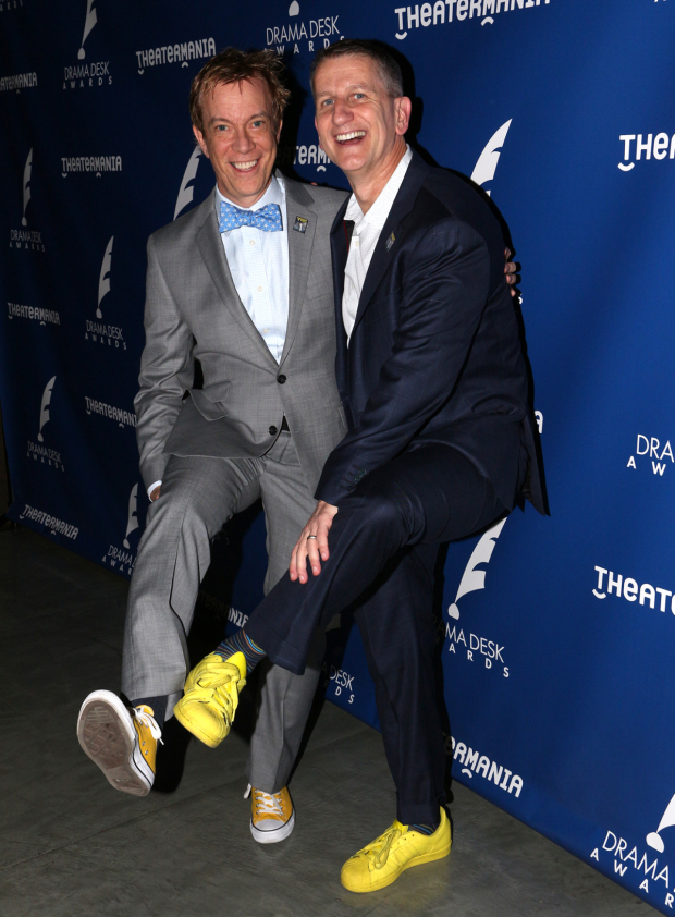 The Visit producers Tom Smedes and Tom Kirdahy celebrate the show&#39;s seven Drama Desk nominations with yellow shoes, a recurring theme in the musical. 