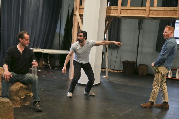 Danny Mastrogiorgio, Louis Cancelmi, and Jesse Tyler Ferguson rehearse a scene from the upcoming Shakespeare in the Park production of The Tempest.