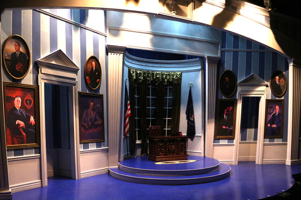 The Oval Office, as depicted by set designer Beowulf Boritt in Clinton the Musical, directed by Dan Knechtges, at New World Stages.