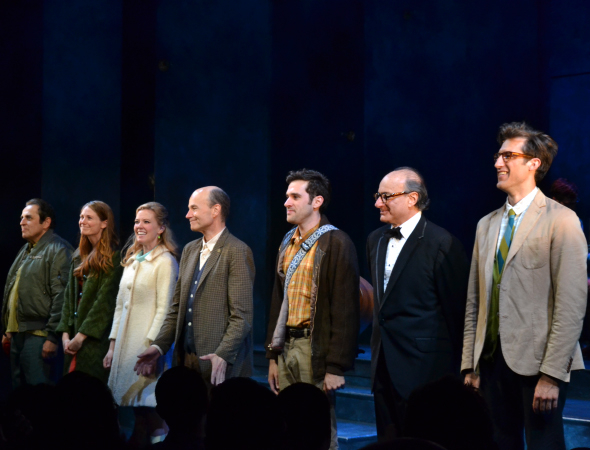 The cast of Fly by Night take their opening-night curtain call at Playwrights Horizons.
