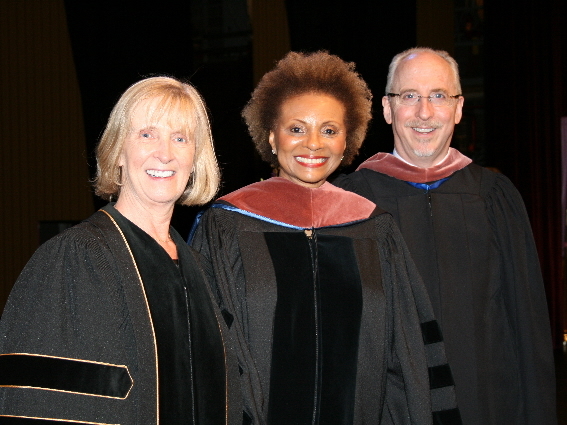 Dean Brid Grant, Dr. Leslie Uggams, and Professor Vincent Cardinal, artistic director of Connecticut Repertory Theatre at May 9&#39;s commencement ceremony.