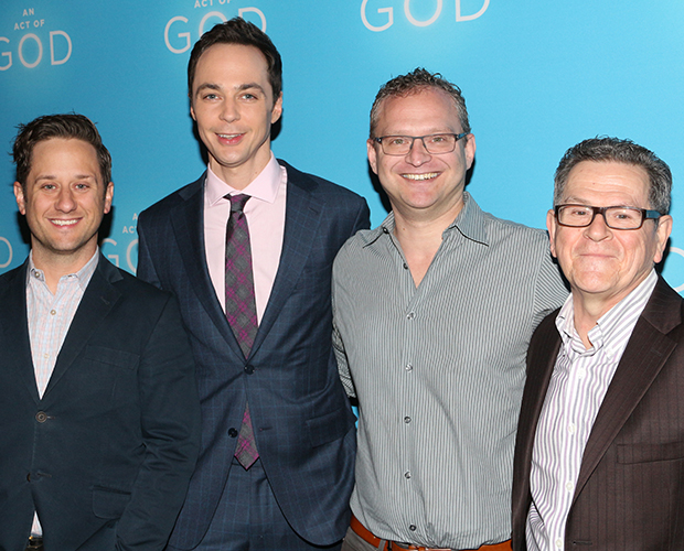 The Act of God family: Christopher Fitzgerald, Jim Parsons, David Javerbaum, and Tim Kazurinsky.