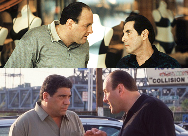 Tony Soprano (James Gandolfini) has words with Richie Aprile (David Proval, top) and Salvatore &quot;Big Pussy&quot; Bompensero (Vincent Pastore, bottom) on The Sopranos.
