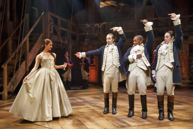 Carleigh Bettiol, Lin-Manuel Miranda, Leslie Odom Jr., and Anthony Ramos in the Obie Award-winning musical Hamilton at the Public Theater.