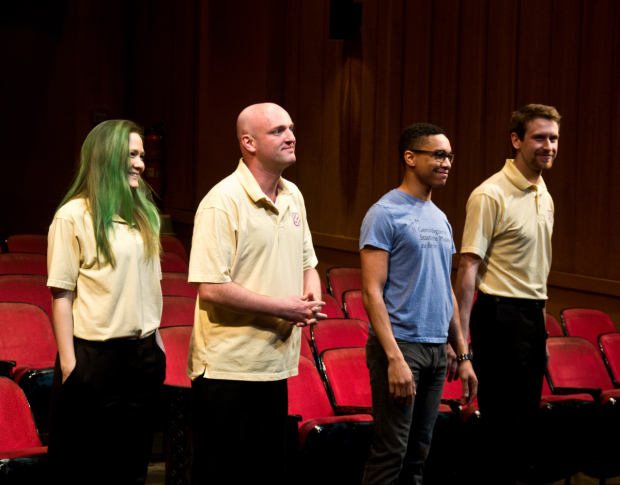 Louisa Krause, Matthew Maher, Aaron Clifton Moten, and Alex Hanna take their bow on the opening night of The Flick at Playwrights Horizons in 2013.