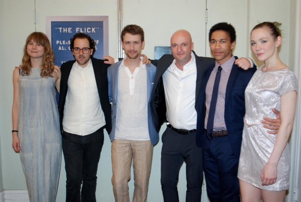 The family of The Flick: playwright Annie Baker, director Sam Gold, and stars Alex Hanna, Matthew Maher, Aaron Clifton Moten, and Louisa Krause.
