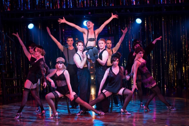 Wesley Taylor (Emcee) and the Kit Kat Boys and Girls in Cabaret, directed by Matthew Gardiner, at Signature Theatre.