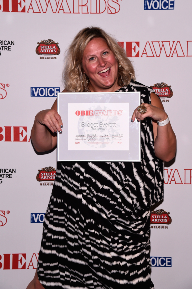 Bridget Everett shows off her 2015 Obie Award for her show Rock Bottom.