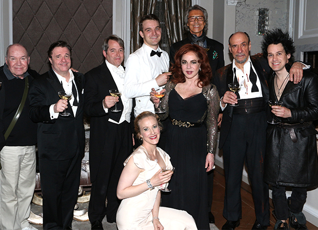 Tommy Tune and the It&#39;s Only a Play team — director Jack O&#39;Brien, and cast members Nathan Lane, Matthew Broderick, Katie Finneran, Stockard Channing, F. Murray Abraham, and T.R. Knight — raise a glass to Micah Stock.