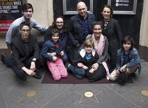 Fun Home author Alison Bechdel (left) and cast members including Michael Cerveris and Judy Kuhn celebrate their composer&#39;s honor.