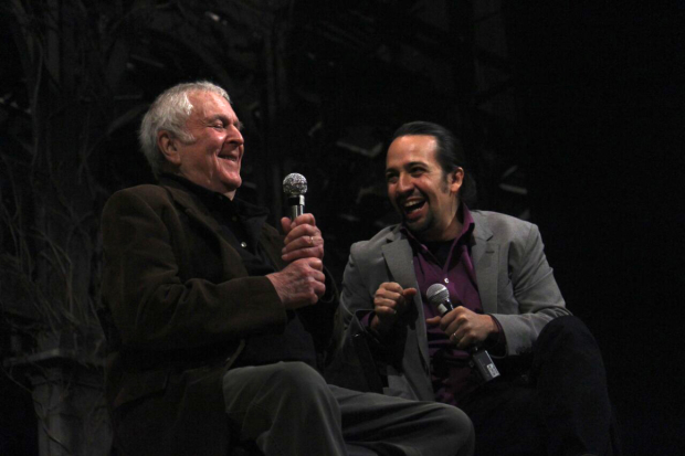 John Kander and Lin-Manuel Miranda share a laugh on stage at The Visit.