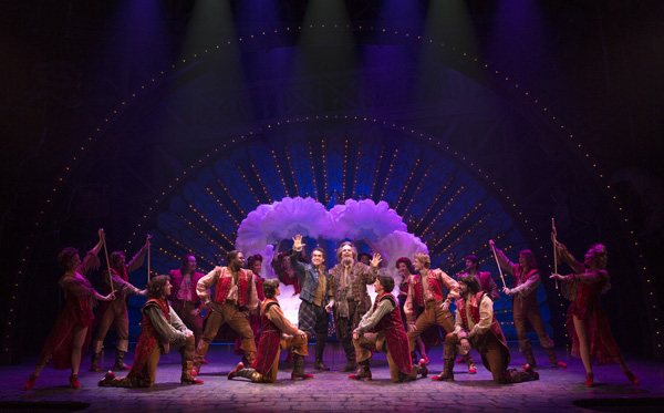 A scene from Something Rotten!, a new Broadway musical by Karey Kirkpatrick, Wayne Kirkpatrick, and John O&#39;Farrell. Many of the book scenes were written remotely, with the authors in different time zones.