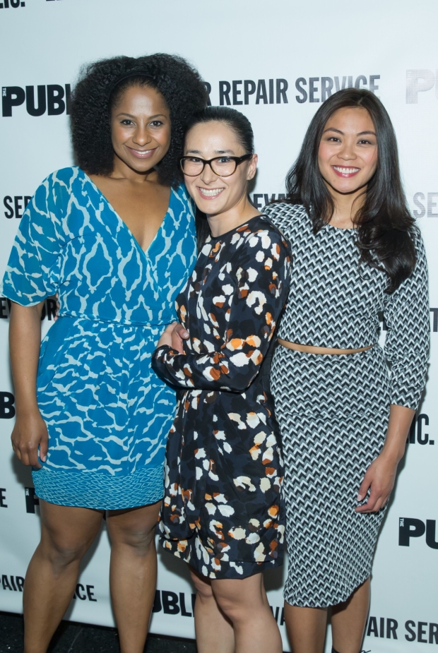 Macbeth company members Nicole Lewis, Jennifer Ikeda, and Teresa Avia Lim pose together at their play&#39;s opening night celebration at The Public Theater.