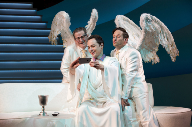 Jim Parsons as God is joined by Tim Kazurinsky and Christopher Fitzgerald in a selfie.