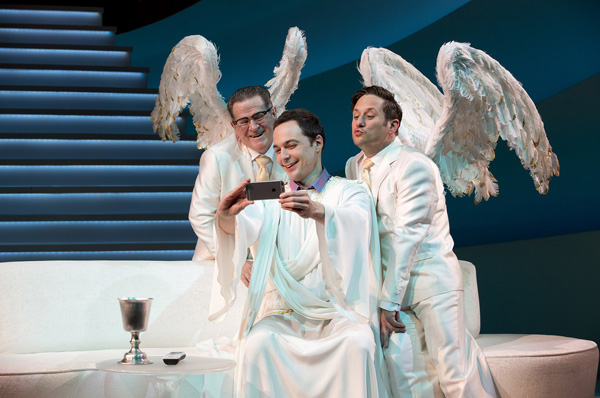 Tim Kazurinsky, Jim Parsons, and Christopher Fitzgerald star in David Javerbaum&#39;s An Act of God, directed by Joe Mantello, at Studio 54.
