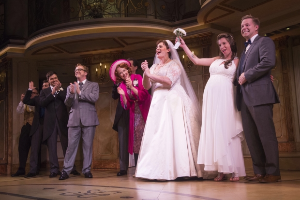The cast of Broadway&#39;s It Shoulda Been You celebrate with newlyweds Jordan Reuck and Matt Harter.