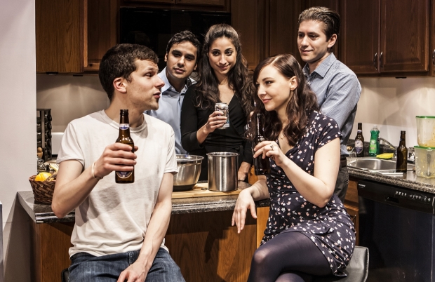 Jesse Eisenberg, Kunal Nayyar, Annapurna Sriram, Erin Darke, and Michael Zegen in the New Group&#39;s production of Eisenberg&#39;s The Spoils, directed by Scott Elliott at the Pershing Square Signature Center.