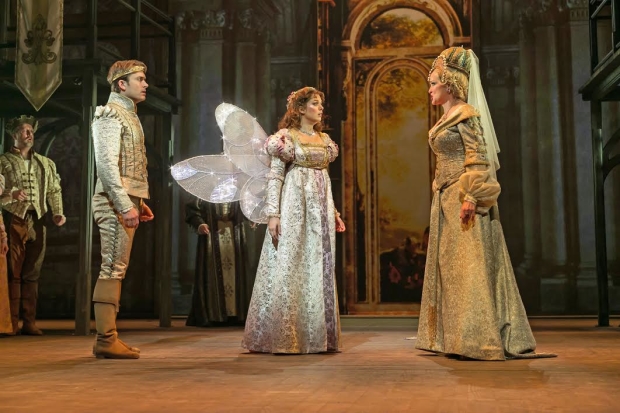 James Snyder as Prince Henry, Margo Seibert as Danielle de Barbarac, and Christine Ebersole as Baroness Rodmilla de Ghent in the Paper Mill Playhouse production of Ever After.