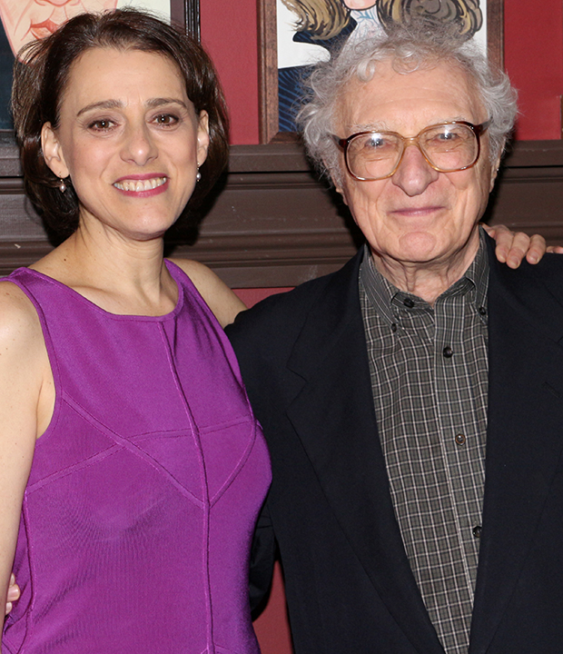 Judy Kuhn gives a squeeze to legendary theatrical songwriter Sheldon Harnick, who helped Kuhn earn a Tony nomination for the musical She Loves Me.