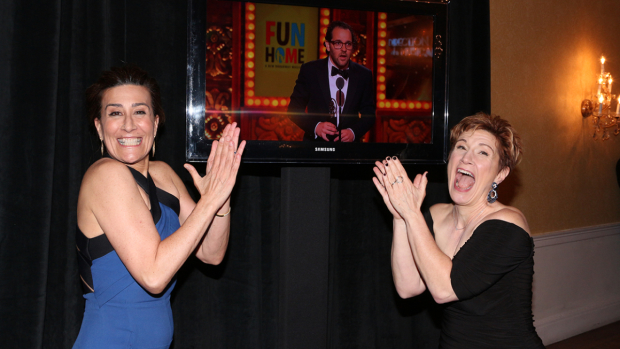 Fun Home composer Jeanine Tesori and librettist Lisa Kron applaud director Sam Gold as he wins the Tony Award for Best Direction of a Musical.