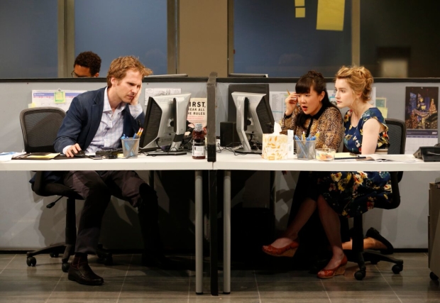 Ryan Spahn, Jennifer Kim, and Catherine Combs share a scene in the world-premiere play. 