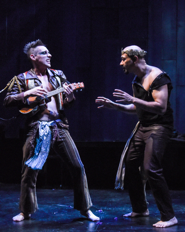 Nick Cearley as Puck and Andrew Guilarte as Oberon in a musical moment from A Midsummer Night&#39;s Dream.