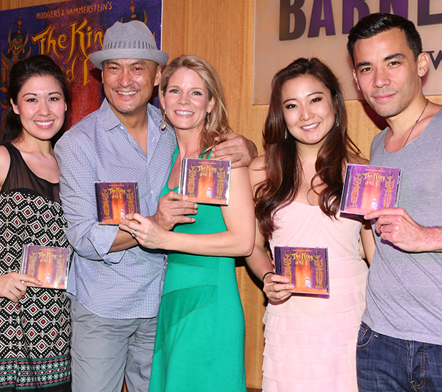 Ruthie Ann Miles, Ken Watanabe, Kelli O&#39;Hara, Ashley Park, and Conrad Ricamora celebrate the 2015 Broadway cast recording of The King and I.