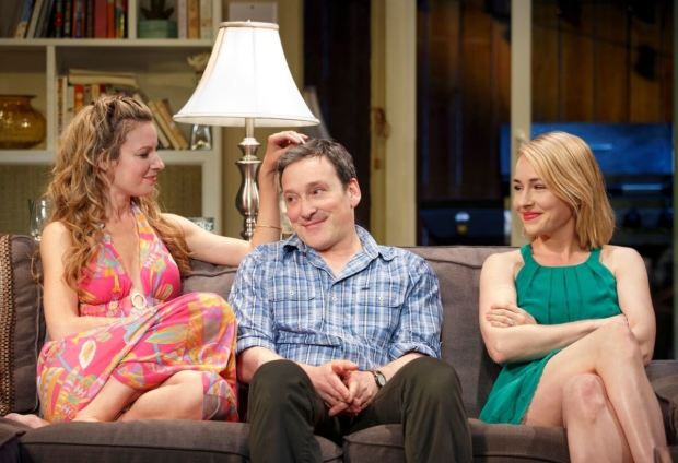 Kate Arrington as Teri, Jeremy Shamos as Chris, and Sarah Goldberg as Kristy in Bruce Norris&#39; The Qualms, a production of Playwrights Horizons directed by Pam MacKinnon.