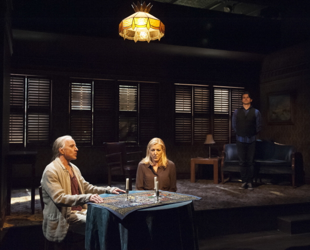 Arliss Howard, Mary McCann, and Jason Ritter share in a spooky seance in David Mamet&#39;s Ghost Stories, directed by Scott Zigler, at Atlantic Stage 2.