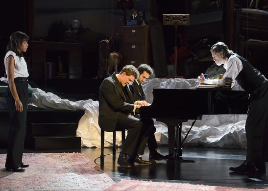 Gabriel Ebert (center) and the cast of Preludes at Lincoln Center&#39;s Claire Tow Theater.