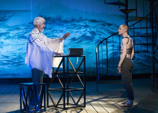 Sam Waterston as Prospero and Chris Perfetti as Ariel in the Public Theater&#39;s Shakespeare in the Park production of The Tempest, directed by Michael Greif, at the Delacorte Theater.