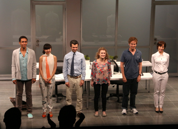 The stars of Gloria take their opening-night bows on stage at the Vineyard Theatre.