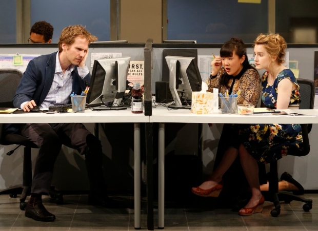 Ryan Spahn, Jennifer Kim, and Catherine Combs in Branden Jacobs-Jenkins&#39; Gloria, directed by Evan Cabnet, at the Vineyard Theatre.