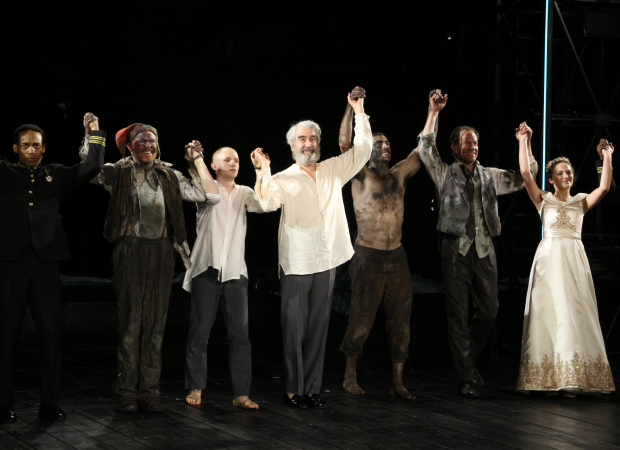 Sam Waterson (center) and the stars of the Public Theater&#39;s Free Shakespeare in the Park production of The Tempest take their opening-night bow.