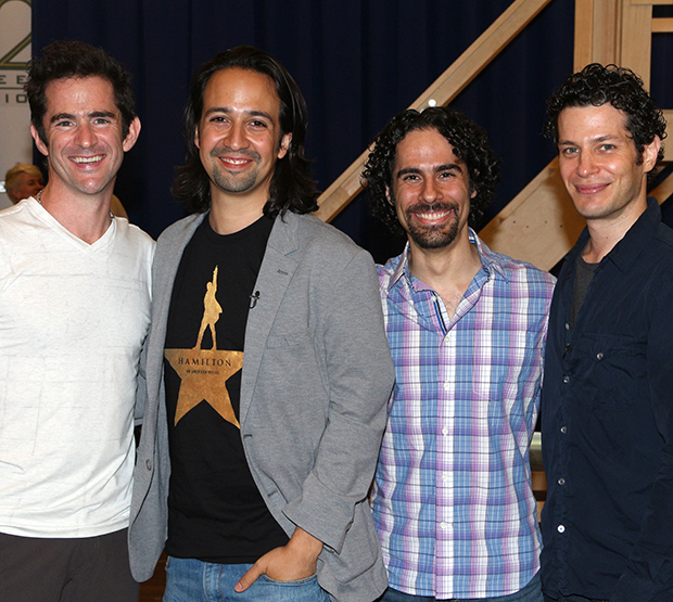 The Hamilton creative team: Andy Blankenbuehler (choreography), Lin-Manuel Miranda (book, music, and lyrics), Alex Lacamoire (musical supervision and orchestrations), and Thomas Kail (director).