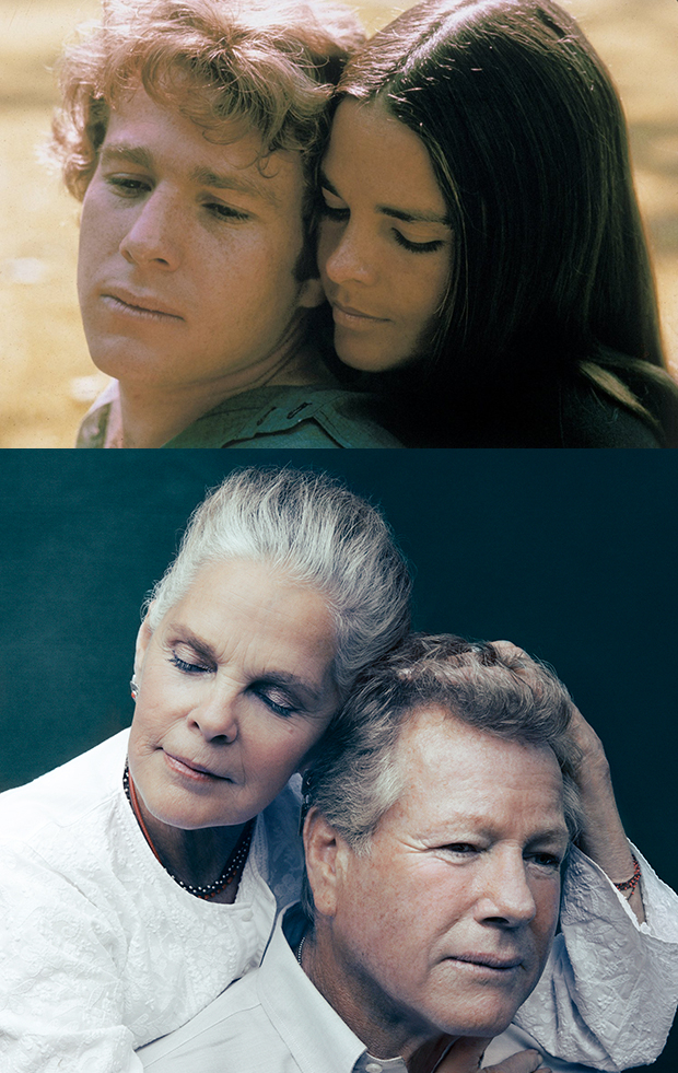 Ryan O&#39;Neal and Ali MacGraw in the 1970 film Love Story (top); Ali MacGraw and Ryan O&#39;Neal in a 2015 promotional image for Love Letters.
