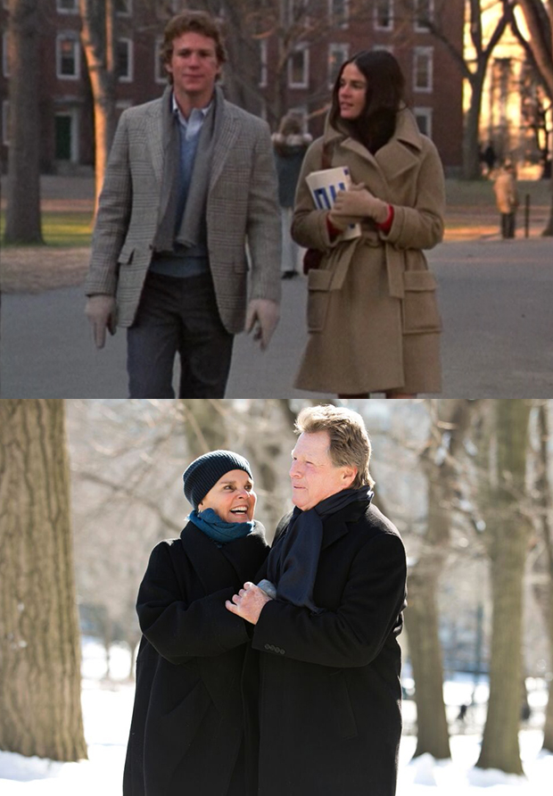 Ryan O&#39;Neal and Ali MacGraw stroll through Harvard Yard in 1970&#39;s Love Story (top); Ali MacGraw and Ryan O&#39;Neal stroll through Central Park in 2015 (bottom).