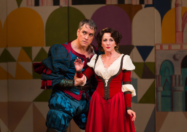 Mike McGowan as Petruchio and Anastasia Barzee as Kate in the Hartford Stage/Old Globe coproduction of Kiss Me, Kate, directed by Darko Tresnjak.
