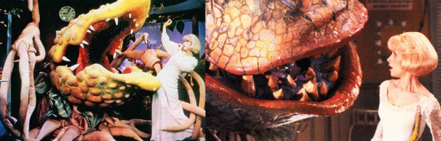 Ellen Greene gets tangled up with Audrey II in the stage (left) and film (right) versions of Little Shop of Horrors.