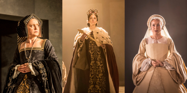 Lucy Briers as Katherine of Aragon, Lydia Leonard as Anne Boleyn, and Leah Brotherhead as Jane Seymour in Wolf Hall.