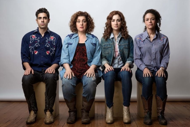 Damon Daunno as Curly, Mary Testa as Aunt Eller, Allison Strong as Ado Annie, and Amber Grey as Laurey in a promotional image for Daniel Fish&#39;s Oklahoma! at Bard SummerScape.