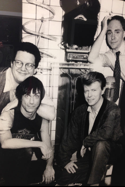 Penn (left, with glasses) and Teller (right) are paid a visit by musicians Iggy Pop (left) and David Bowie (right) during the off-Broadway engagement in 1985.
