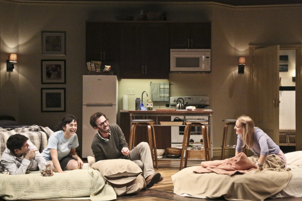 (l to r) Raviv Ullman as Jonah,
Molly Ephraim as Daphna,
Ari Brand as Liam, and Lili Fuller as Melody in Joshua Harmon&#39;s Bad Jews, directed by Matt Shakman, at the Geffen Playhouse in Los Angeles.