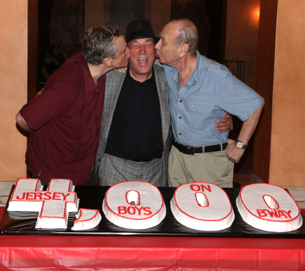 Jersey Boys director Des McAnuff gets a kiss from the show&#39;s book writers, Rick Elice (left) and Marshall Brickman (right).