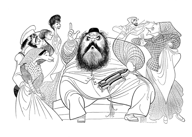 Zero Mostel&#39;s Tevye takes center stage in Al Hirschfeld&#39;s drawing of the original Broadway Fiddler on the Roof in 1964.