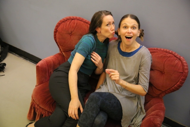 Miriam Shor and Sutton Foster have some fun on a moment of downtime from Wild Party rehearsals.