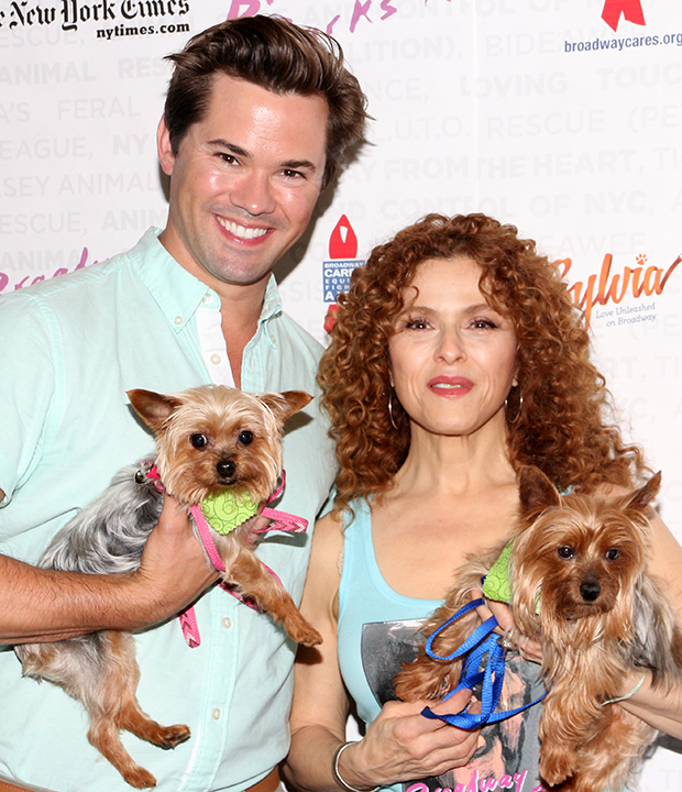 Broadway favorites Andrew Rannells and Bernadette Peters celebrate 2015&#39;s annual Broadway Barks pet adopt-a-thon with two adorable puppies.
